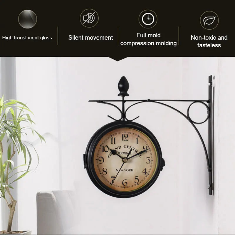 Retro European Acrylic Round Double-Sided Vintage Quartz Metal Bracket Wall Clocks/Colors-White/Black/ 1-AA Carbon-Zinc Battery (Not Included)