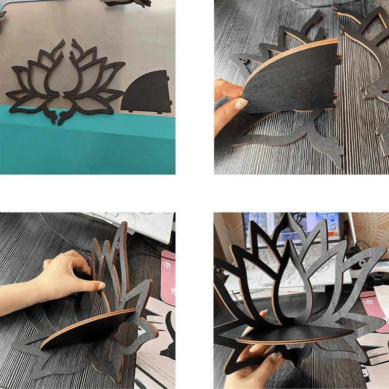 Modern Handmade Unique Creative Bohemia Black Solid Wood Hollow Out Floral Lotus Flower Design Wall Mounted Corner Shelves-Ledges