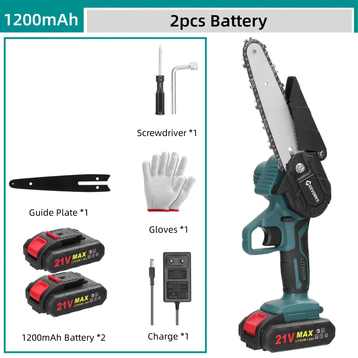 GEEVORKS Outdoor Home DIY Plastic Green-Black Body 6 Inch Handheld Mini Cordless Lithium Battery-Powered Rechargeable Brushed Motor 21V Electric Portable Wood Cutting Adjustable Tension Pruning Metal Chainsaws/Colors-Green/Black/Gray/Red/