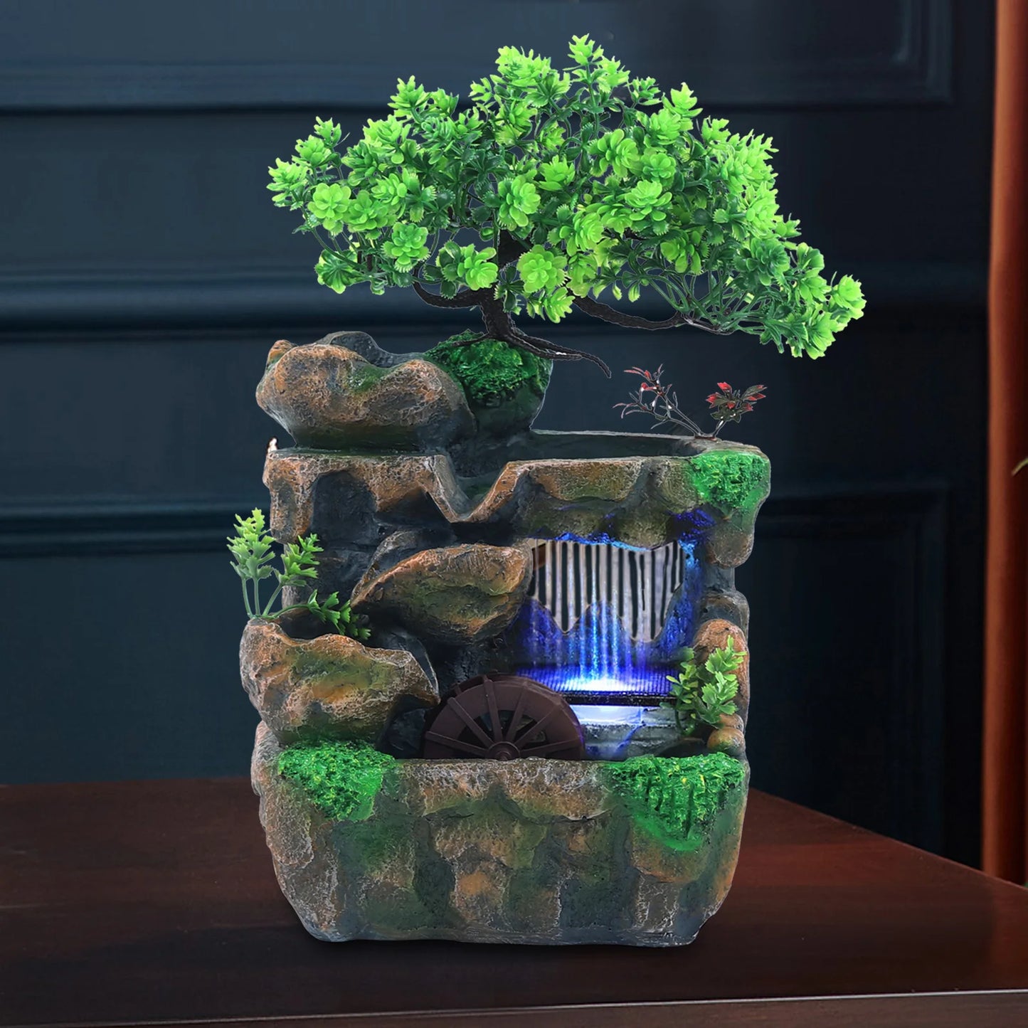 Indoor LED Lights Resin Green Bonsai Tree Gray Rocky Mountain Landscape Brown Wheel Flowing Waterfall Fountains