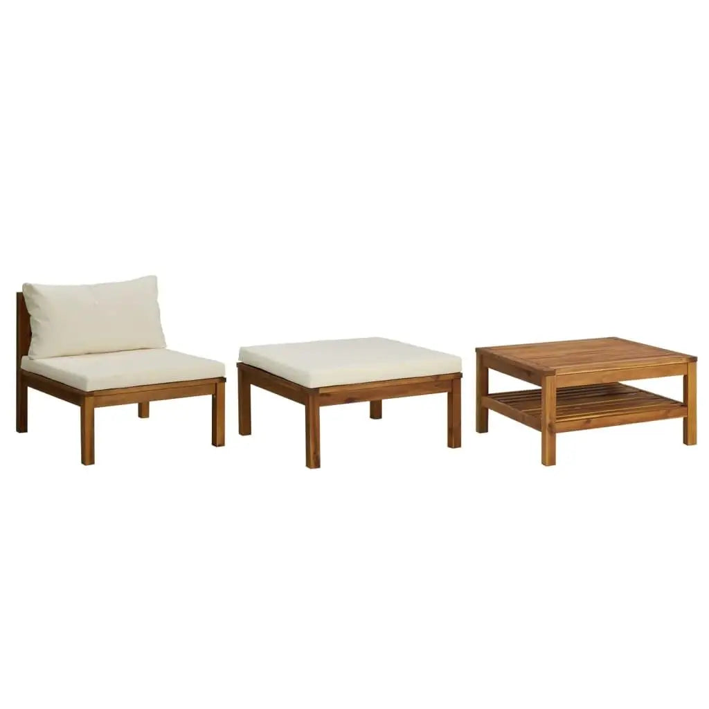 3-Piece Solid Brown Acacia Wood Patio Lounge Set w/ Cream White Cushions/