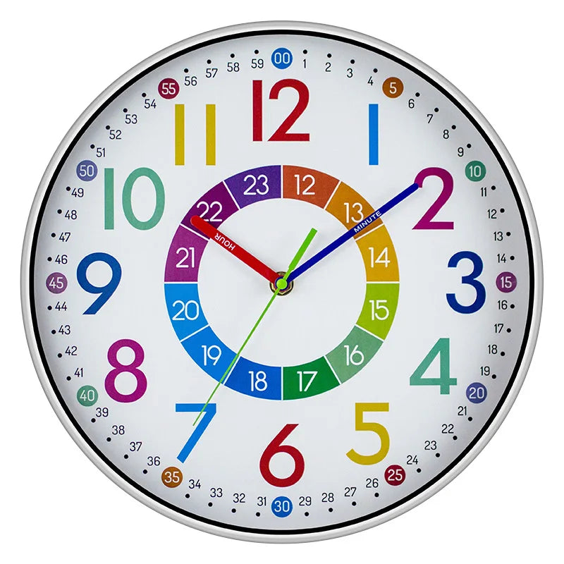 12 Inch Colorful Early Childhood Education Mute Wall Clocks/Punch-Free Battery Electronic Power