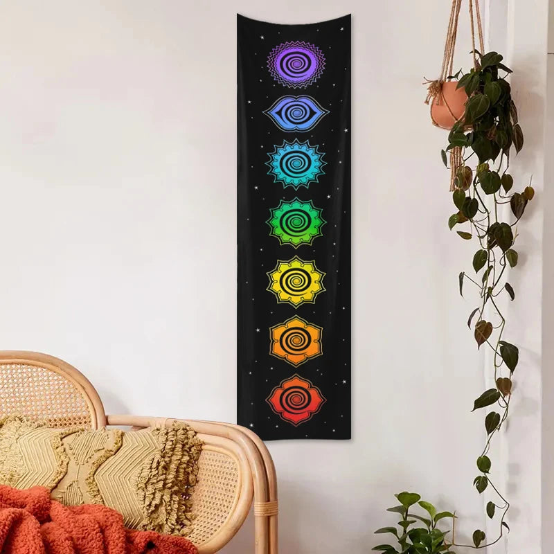 Rectangle Polyester Geometric Black Background White Printed Moon Phrase-Starry Sky Colorful Floral Wall Hanging Tapestries