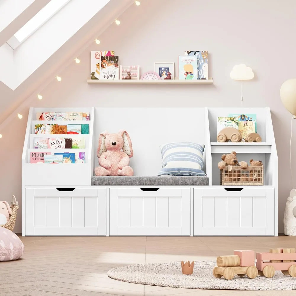 White Kids Bookshelf/ Soft Cushion Seat-Reading Nook/ Toy Storage Organizer / 3 Movable Drawers