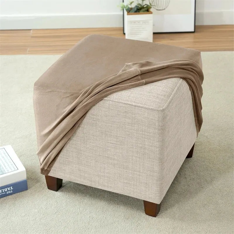 Soft Velvet Cotton-Polyester Square Ottoman Footrest Elastic Slipcovers/Colors-Green/White/Beige/Red/Gray