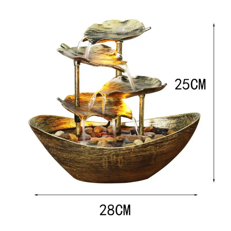 Modern Small LED Lights Metal Flowing 4-Tiers Realistic Lotus Leaf Ultra-Deep Boat Shape Open Basin Pebble Circulating Soothing Desktop Fountains/USB Power Cord/Colors-Bronze/Gold/Silver/Brown