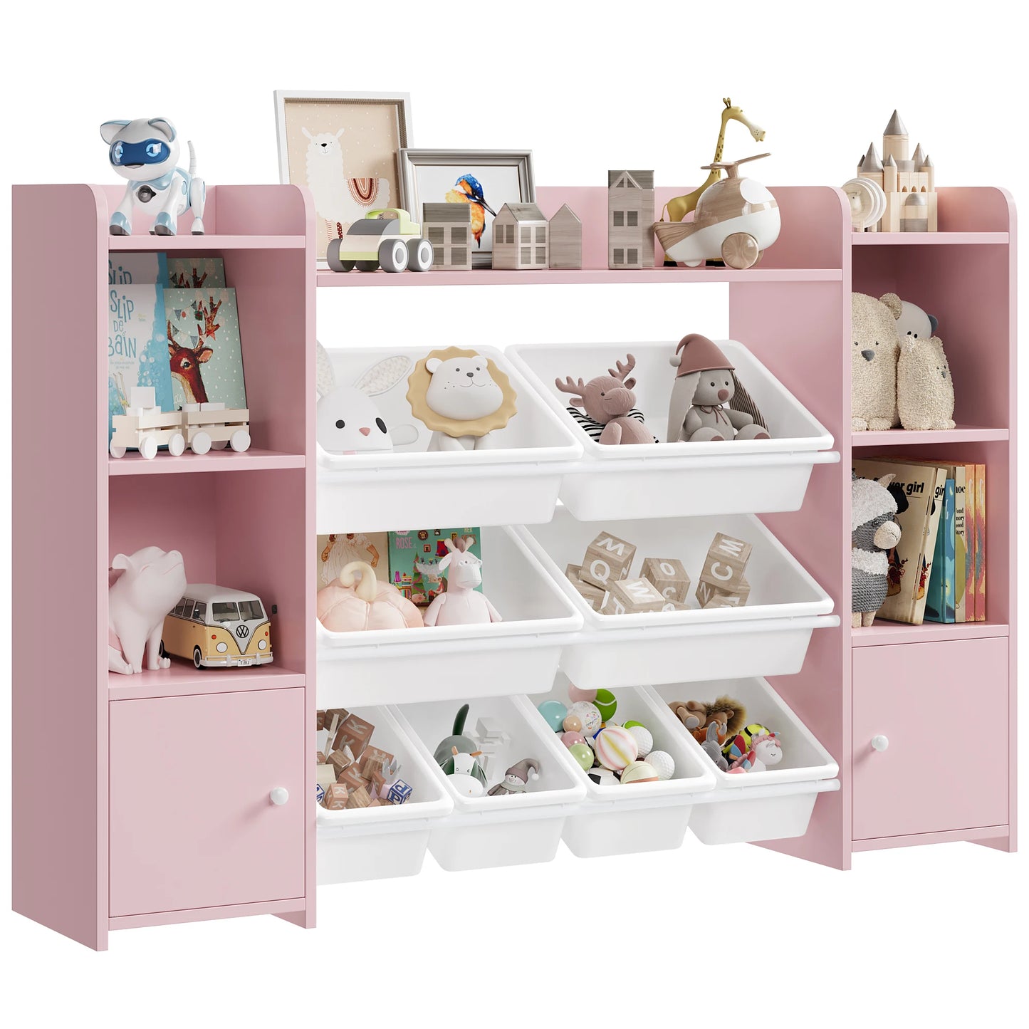 No-EN-Name-Null Babies-Kids White-Pink Wood Two Doors-Bookcases-Removable Plastic Bins-Nine Shelves Toy Chest Storage Cabinets-Lockers /Sizes: 138x29x94 cm/Assembly Required/Storage Options
