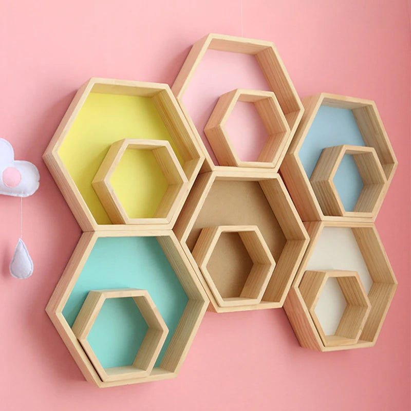 2 PCS Set Kids Wood Wall Mounted Hexagon Shaped Floating Shelves/Colors-Beige/Yellow/Pink/Green