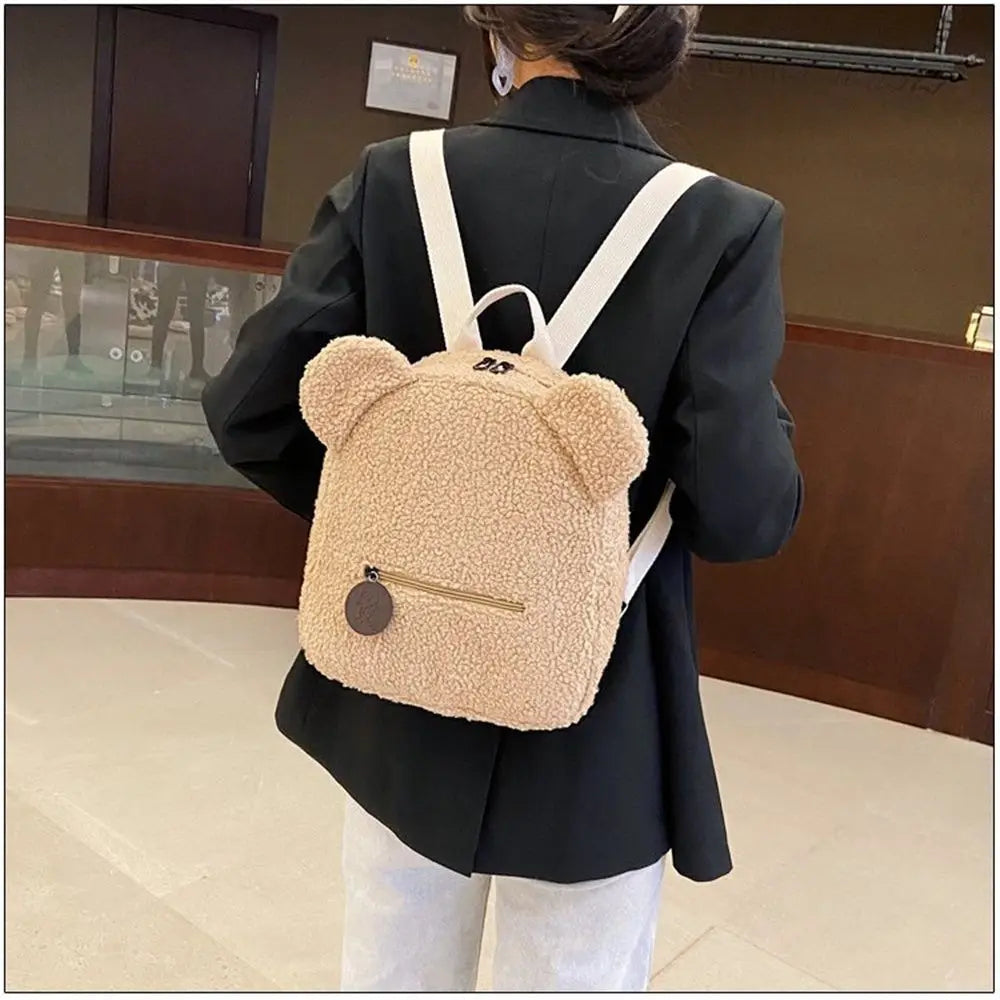 Women/Teen Girls Mini Lamb Fleece Cartoon Cute Bear Winter Backpacks/ Polyester/Backpack Straps/Adjustable Shoulder Straps/Small Handle/Colors-Khaki/Brown/Green/Black/Blue