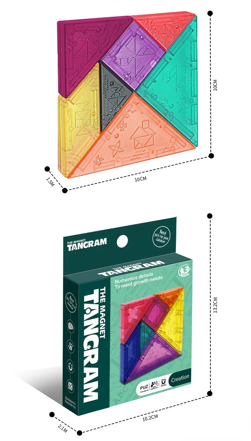 OLOEY Kids Medium-Hard Flat Plastic Geometric Multicolor Square Magnetic 3D Dissection Tangram Jigsaw Educational Mechanical Puzzle Tabletop Toys/Ages 12 Years Old + Older/Colors-Multicolor/Geometric