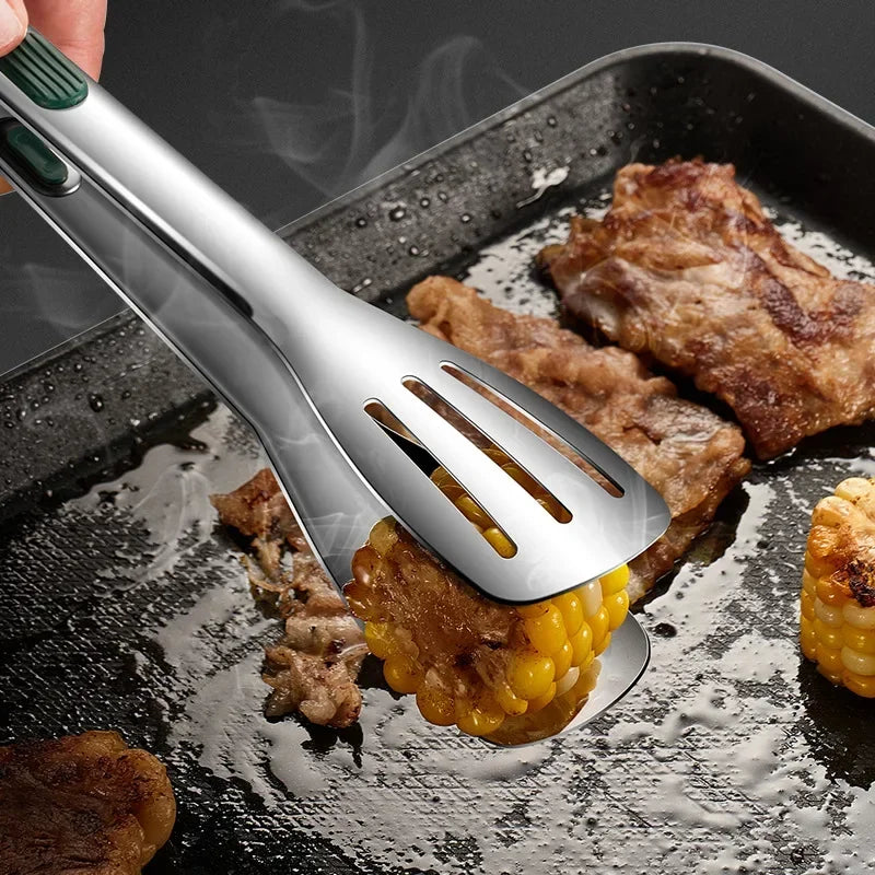 Kitchen S-M-L Sizes Non-Slip High Temperature Resistant Green Silicone Covered Handles Silver Stainless Steel Food Flat 3 Line Hollow Out Tongs