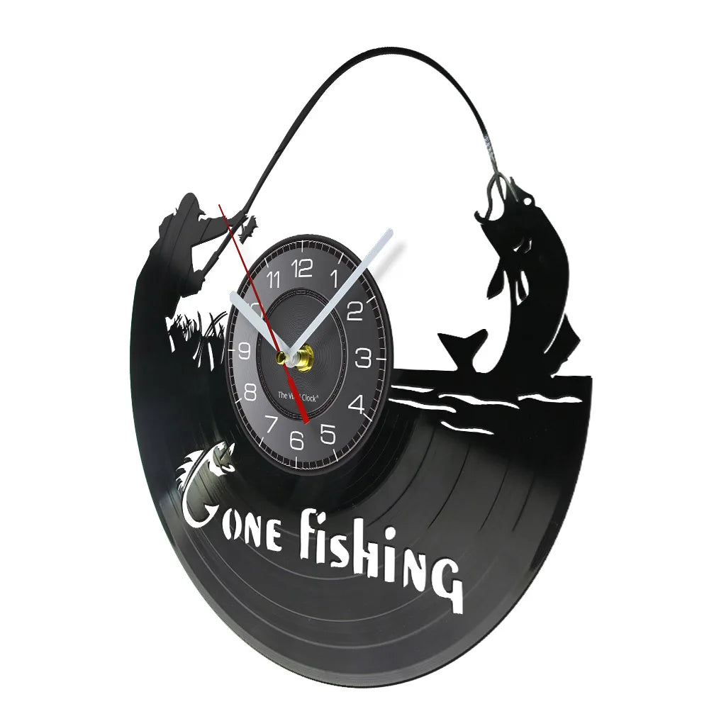 Retro Handmade Plastic Vinyl Record Gone Fishing Silhouette Of Fisherman Catching A Fish With Rod-N-Reel Wall Clocks/Battery Not Included/ 1 AA Battery Size/With-Without LED Light/Colors-Black/Geometric