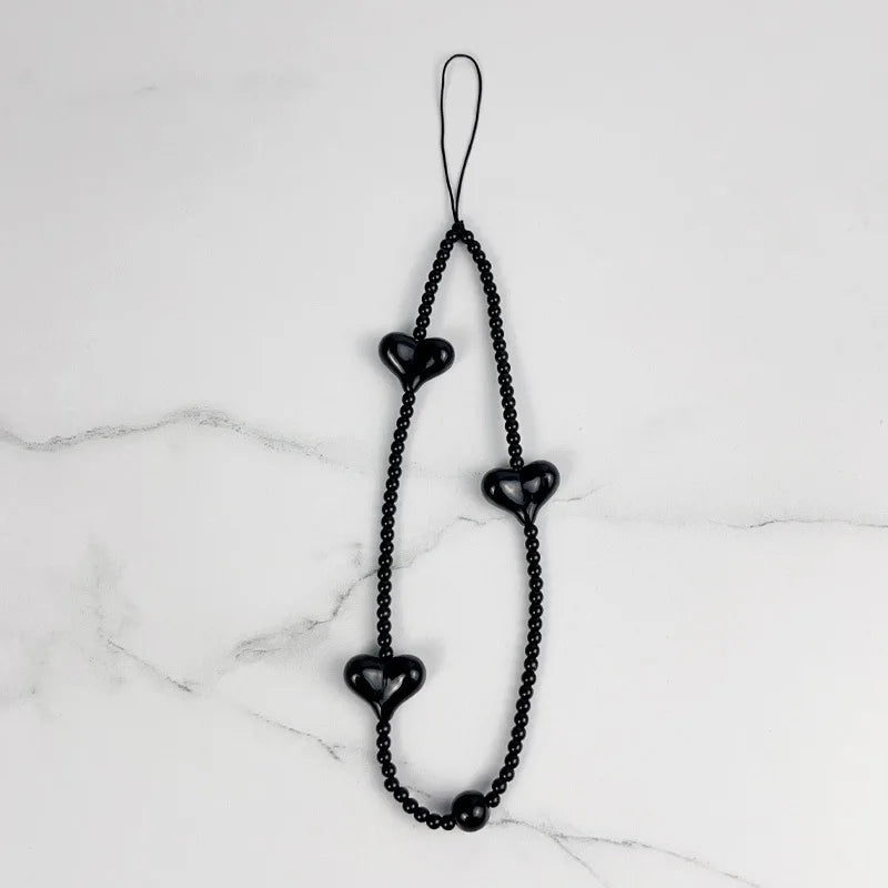 Women Korean Cute Beaded Faux Pearl Charm Strong Nylon Rope Hanging Wrist Strap Phone Accessories/Colors-Black/White/Clear