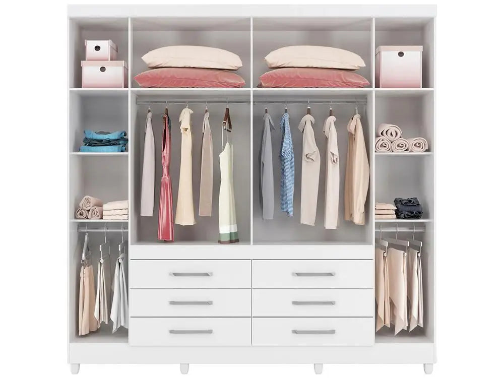 White Paris II-2/ Mirrored Doors Wardrobe w/Metallic Slides Hinges /6 Drawers Storage For Cloths