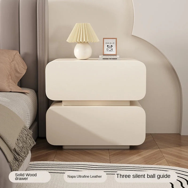 GUIG Modern Soft Microfiber Leather Abrasion-Scratch Resistant Curved Square Shaped Cream White Solid Wood Hidden Handles Two Drawers Nightstands/Colors-White/Dark Gray/Light Gray
