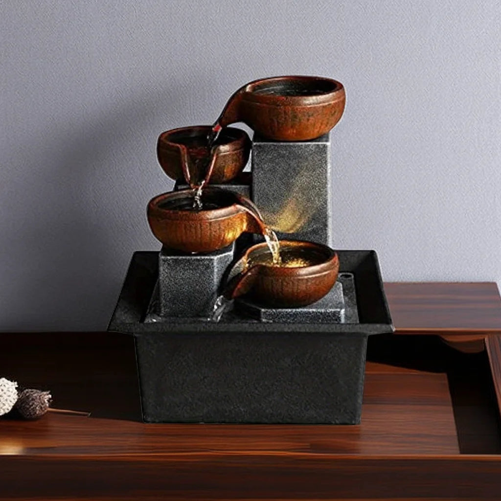 Feng Shui Plastic LED Lights Tabletop 4-Tier Brown Clay Pots Sitting On 4 Silver Square Pillars Water Flowing Black Fountains