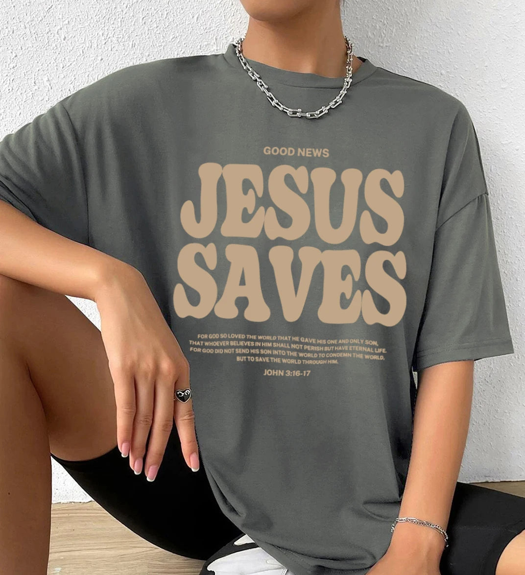 Women's Oversized Short Sleeves Ruffles O-Neck Good News Jesus Saves ( John 3: 16-17 Bible Verse) T-Shirts/Sizes: S-2XL/Colors-Brown/Gray/Green/Beige/Black/White