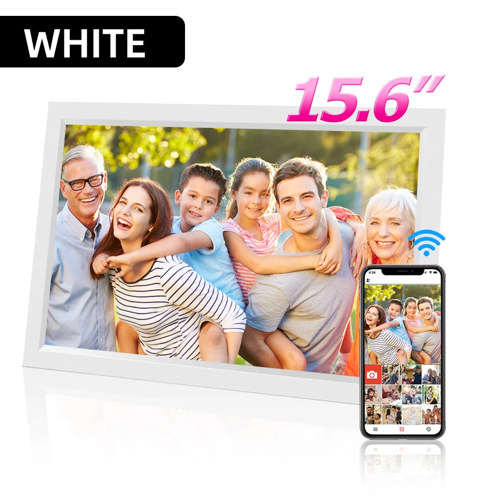 FRAMEO 15.6 Inch Smart IPS Display-Touchscreen Wireless Photo Upload Full HD Flips Back-Forward WIFI-Digital Auto-Rotate Picture Frames/32GB Built-In Memory Storage/ SD-Card Extension Only/ No SD Card/Image Format-JPEG/Colors-Black/White