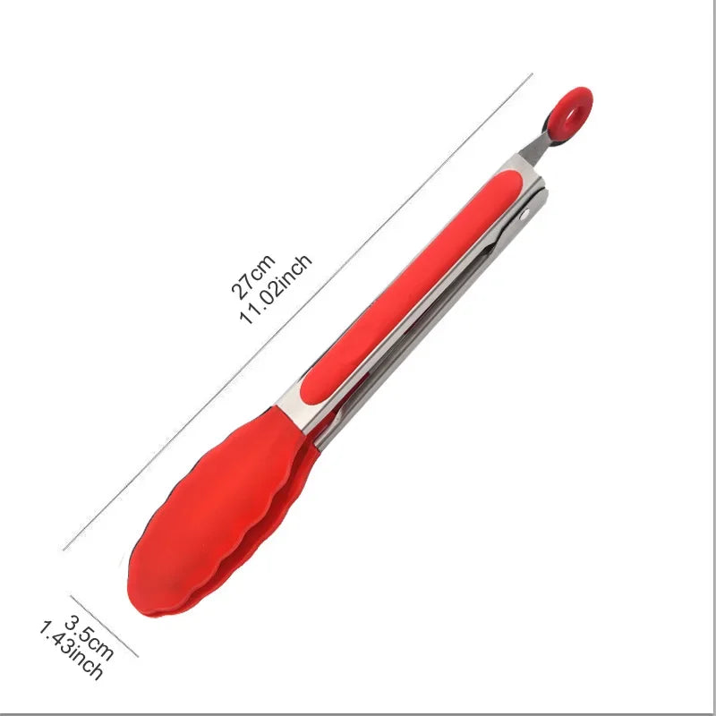 Kitchen 9-Inch Silver Stainless Steel Food Clip-Bracket Silicone Coated Handles-Tongs Tips-Padlock Hang Hole/Colors-Red/Beige/White/Black/Silver/Multicolor