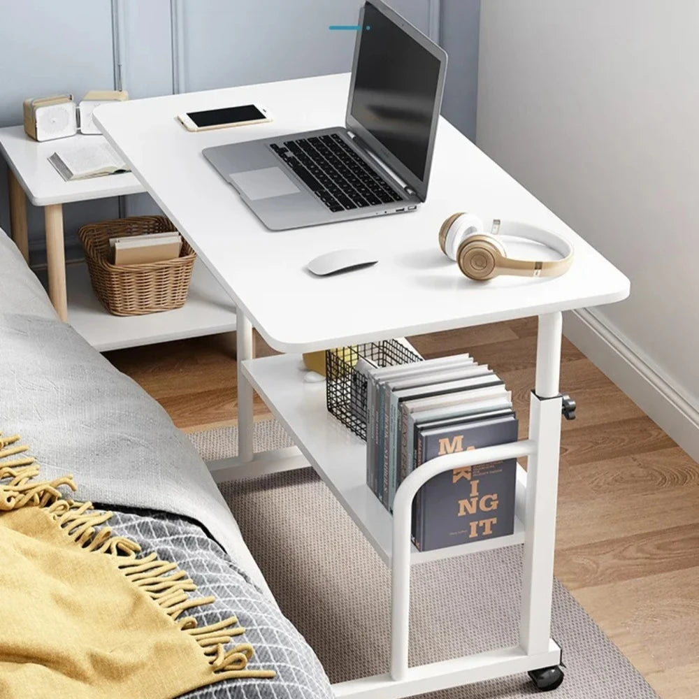 NULL Free-Standing Rectangle Shaped Black Oak Wood Top-Collapsible Adjustable Shelves Metal Frame Laptop-Computer Desks/4 Roller Wheels/Assembly Required