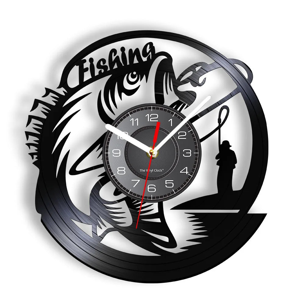 Retro Handmade Plastic Vinyl Record Gone Fishing Silhouette Of Fisherman Catching A Fish With Rod-N-Reel Wall Clocks/Battery Not Included/ 1 AA Battery Size/With-Without LED Light/Colors-Black/Geometric