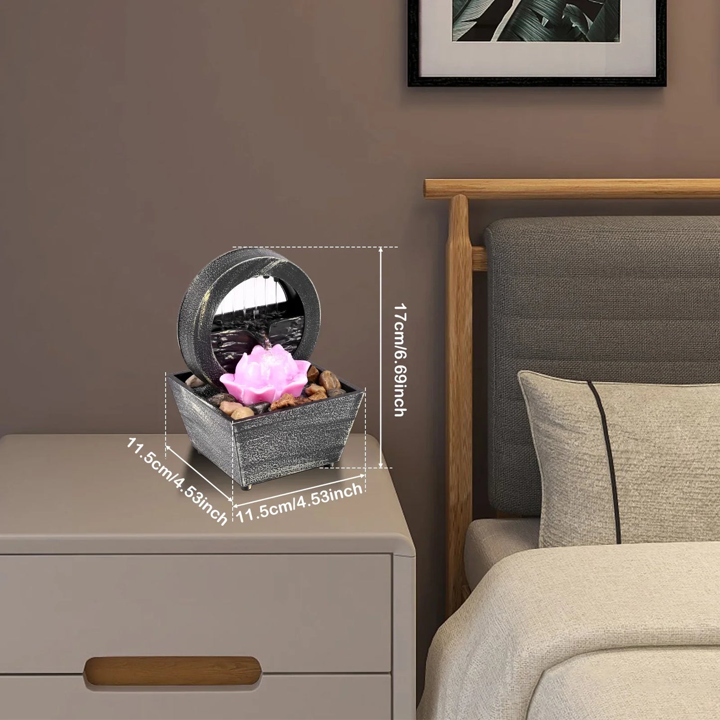 Wood Tabletop Zen Meditation Waterfall Round Succulent Lotus Flower ABS Plastic Square Base Fountain/Light Battery/USB Cable Cord /Bag Of Pebbles/Colors-Black/Gray