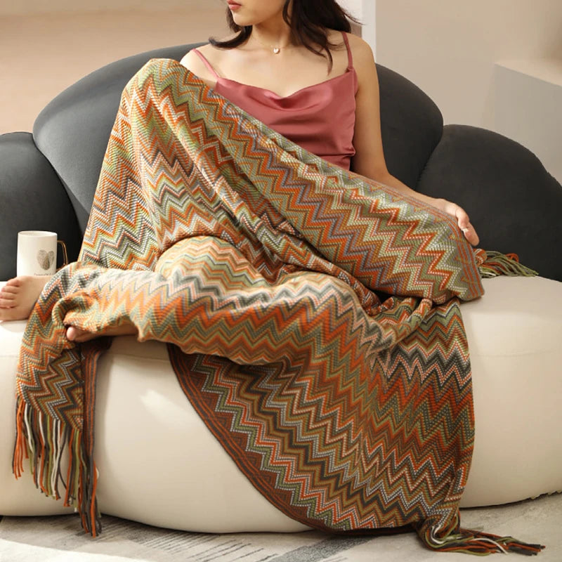 Retro Rectangle Knitted Dyed Yarn Plaid Geometric Boho-Aztec Baja Polyester-Cotton Blanket Wall Hanging Tapestries