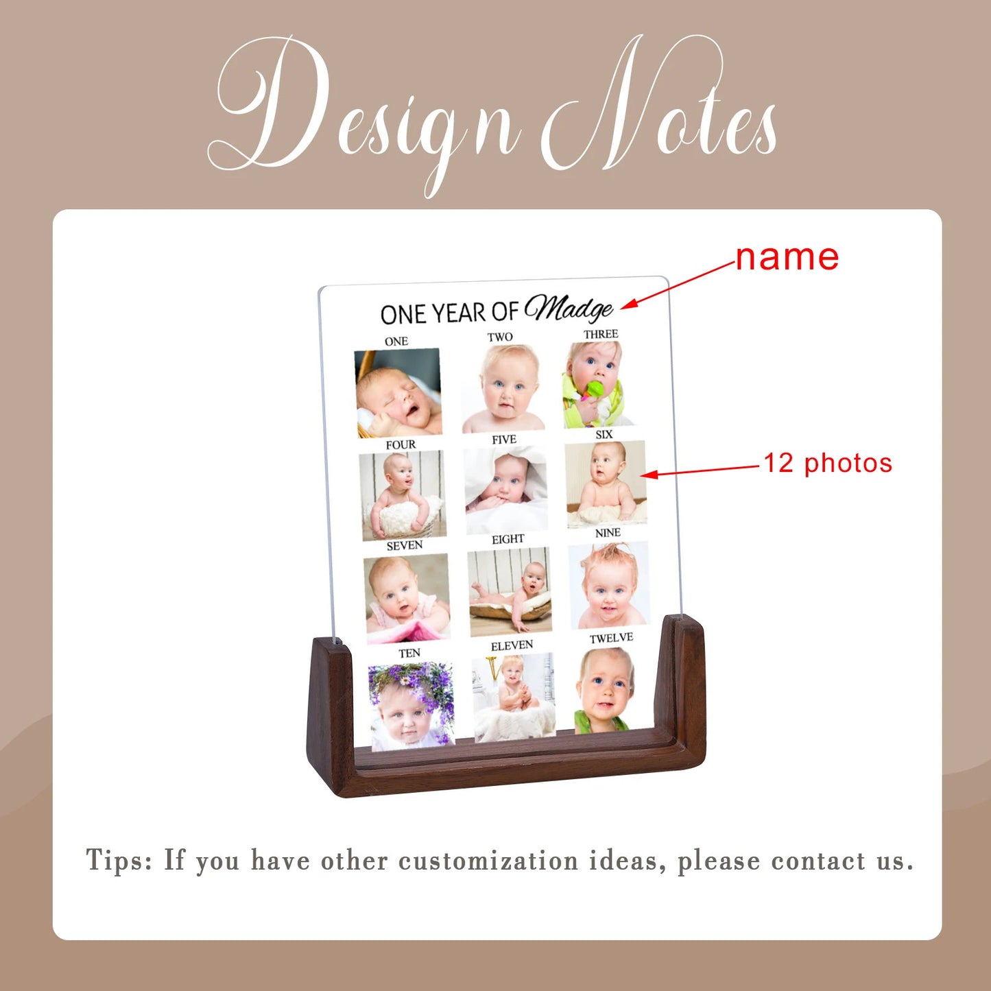 Customized Wood Base Clear Acrylic Plate Rectangle Newborn Babies First Year 12 Photo-Babies Name Display Frames/Colors-Brown/Beige/Clear