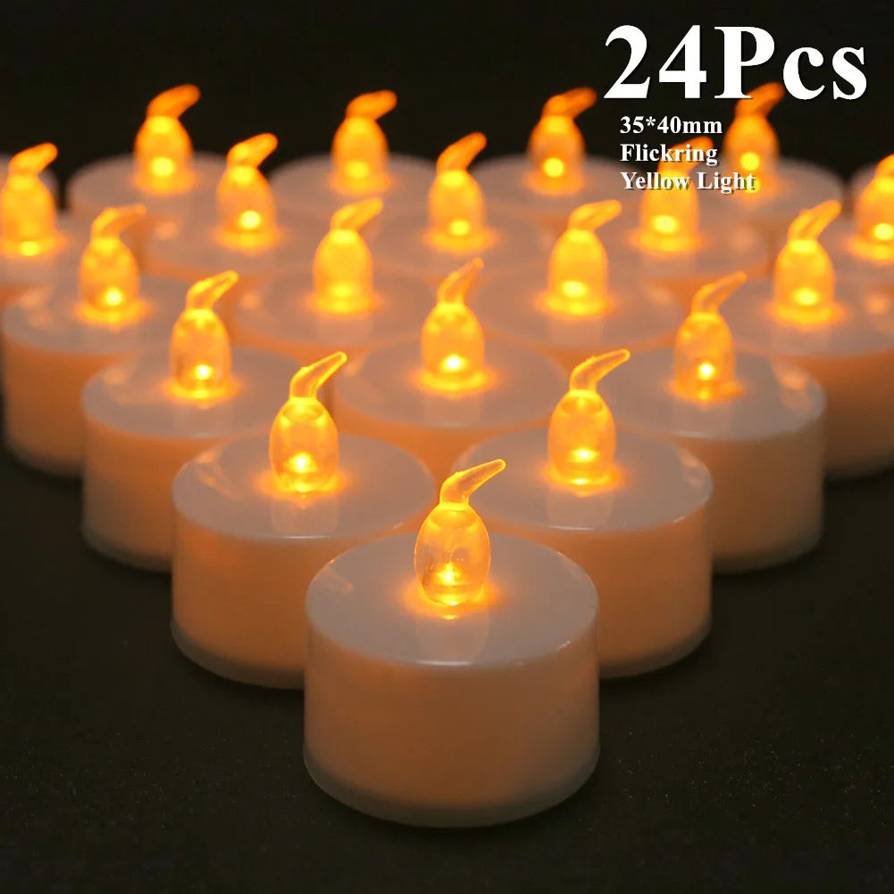 12-24 PCS Set Large Built-In Timer LED Flameless Flickering Small Round Tea Light Candles /Batteries Included-Button Batteries Type-CR2032/Color-White/Yellow