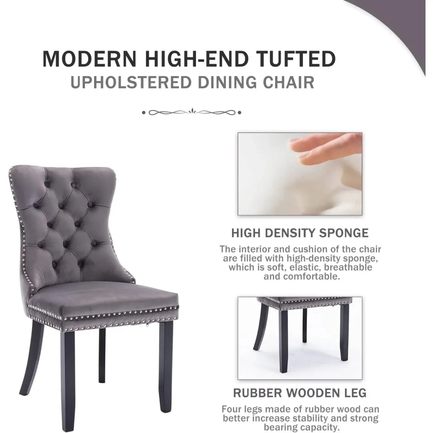 6pcs Gray Upholstered Modern High End Tufted Velvet Wingback Button Trim Back Dining Chairs Set