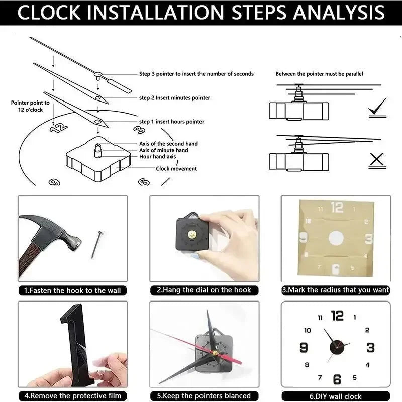 Vintage Vibe Black Hands-Number Silent Frameless Battery Powered DIY Acrylic Sweep Digital Wall Clocks/Colors-Red/Black/Silver