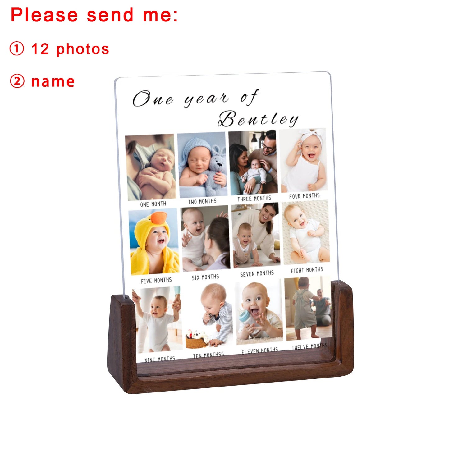 Customized Wood Base Clear Acrylic Plate Rectangle Newborn Babies First Year 12 Photo-Babies Name Display Frames/Colors-Brown/Beige/Clear