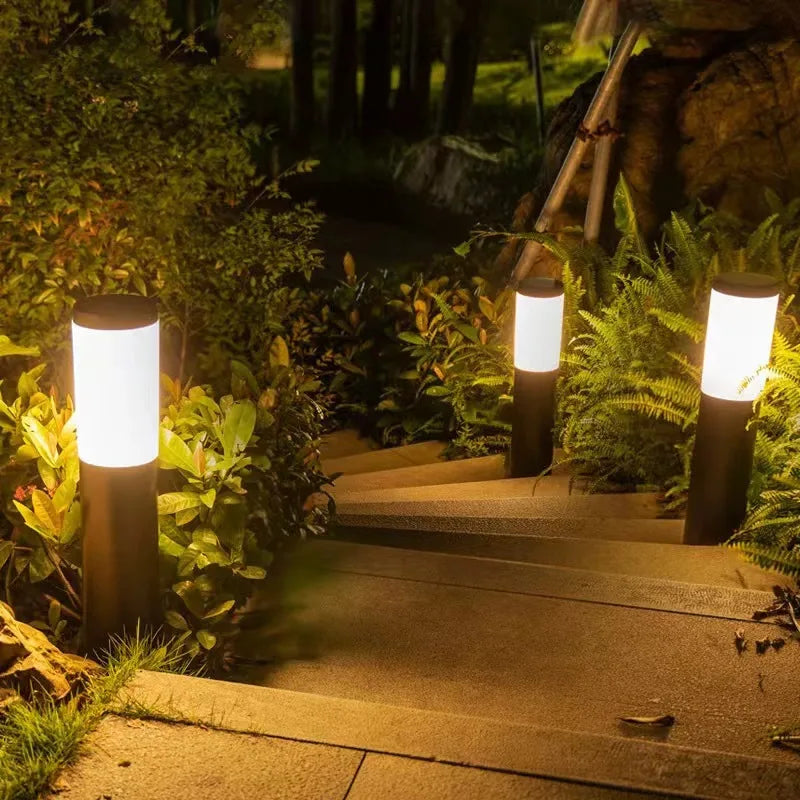 Outdoor Cylinder Tube Shape Black-Silver Stainless Steel Body Solar Pathway Warm Lights/Colors-Yellow/Black/Silver/White