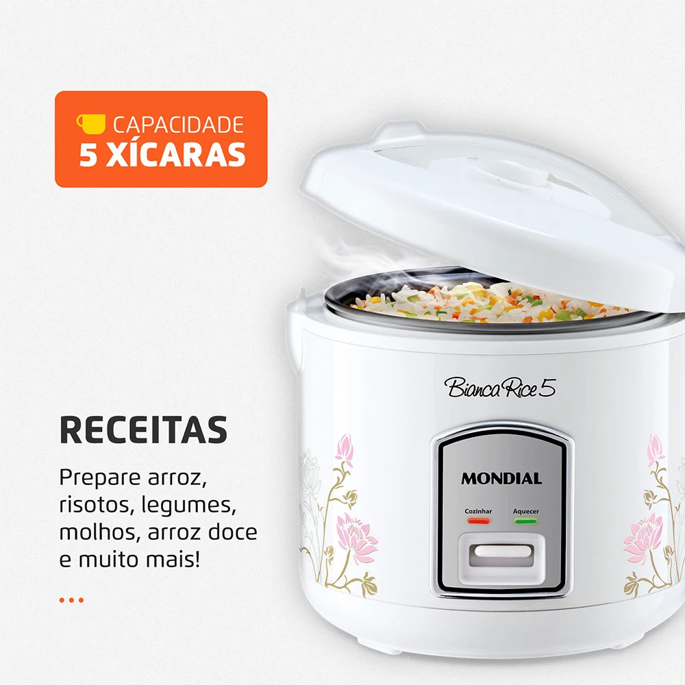 Mondial Bianca Kitchen White Floral Non-Stick Electric Rice Cookers/Up To 5 Cup Capacity Of Rice/Accessories Included: 1 Spoon-1 Measuring Cup-1 Steam Collector-1 Manuel-Recipes