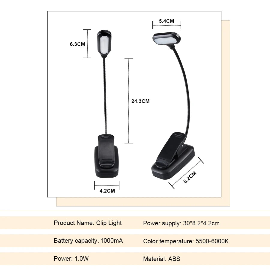 Mini Black Flexible Plastic Portable LED Clip-On Book Desktop Lamps/ Battery Powered/Battery Not Included/3-AAA Batteries Required