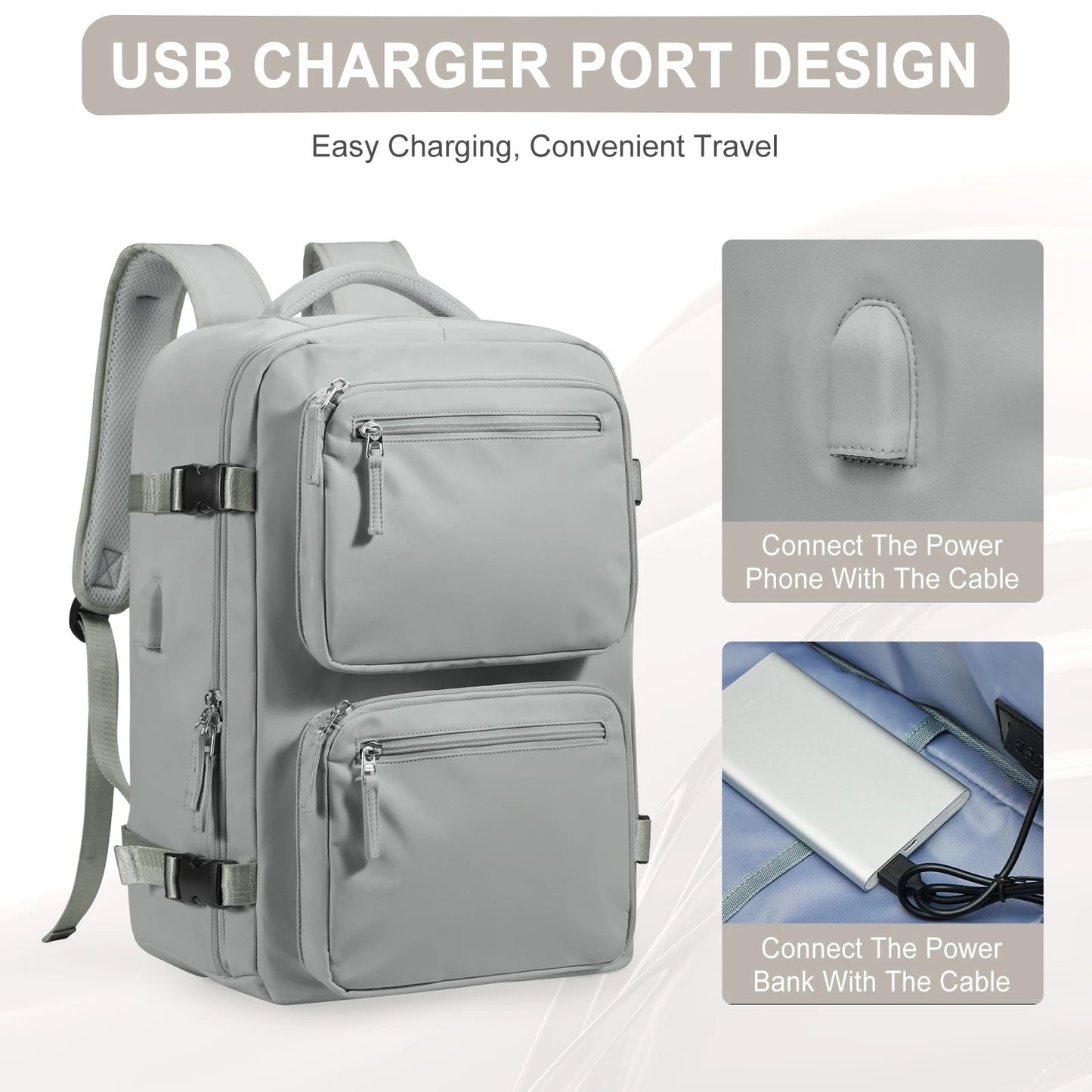 Waterproof Large Travel Nylon Backpack Bags/Detachable Handles-Straps/Multi-Pockets/USB Charger Port/Power Bank-Cable/Laptop Pocket/Colors-Green/Black/Gray/Anti-Theft Pocket