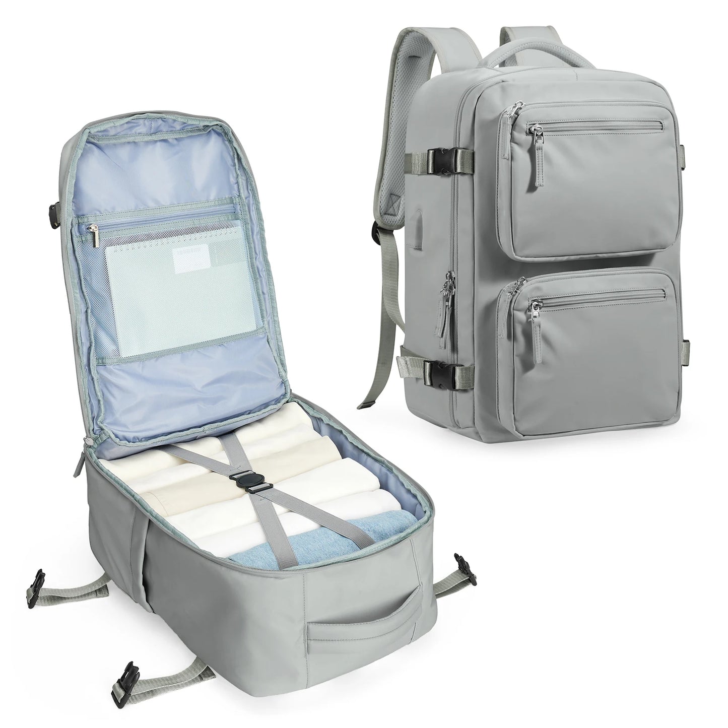 Waterproof Large Travel Nylon Backpack Bags/Detachable Handles-Straps/Multi-Pockets/USB Charger Port/Power Bank-Cable/Laptop Pocket/Colors-Green/Black/Gray/Anti-Theft Pocket