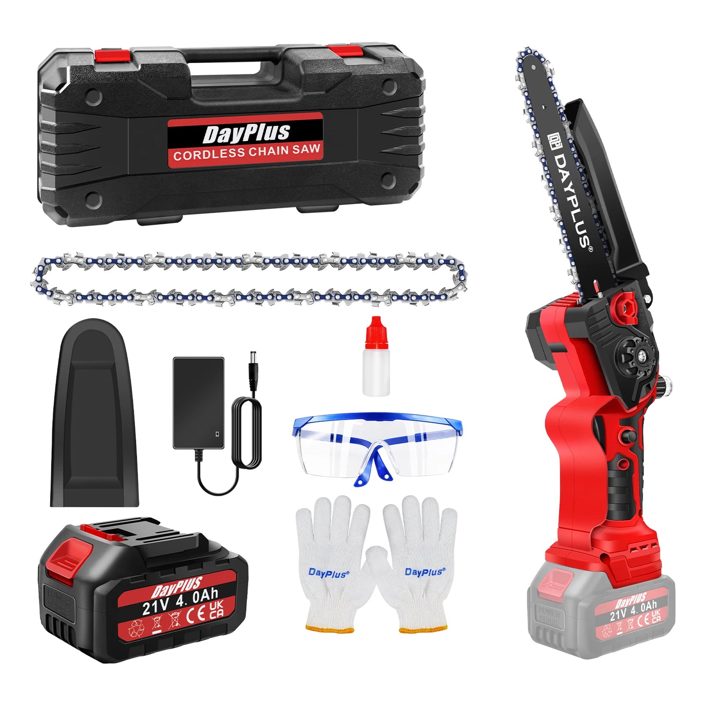 DAYPLUS Outdoor Rechargeable Safe-Lock Off Button 8 Inch Mini Plastic Red-Black Body Cordless Brushless Motor Battery-Powered Electric Metal Gas Chainsaws Carrycase Kit