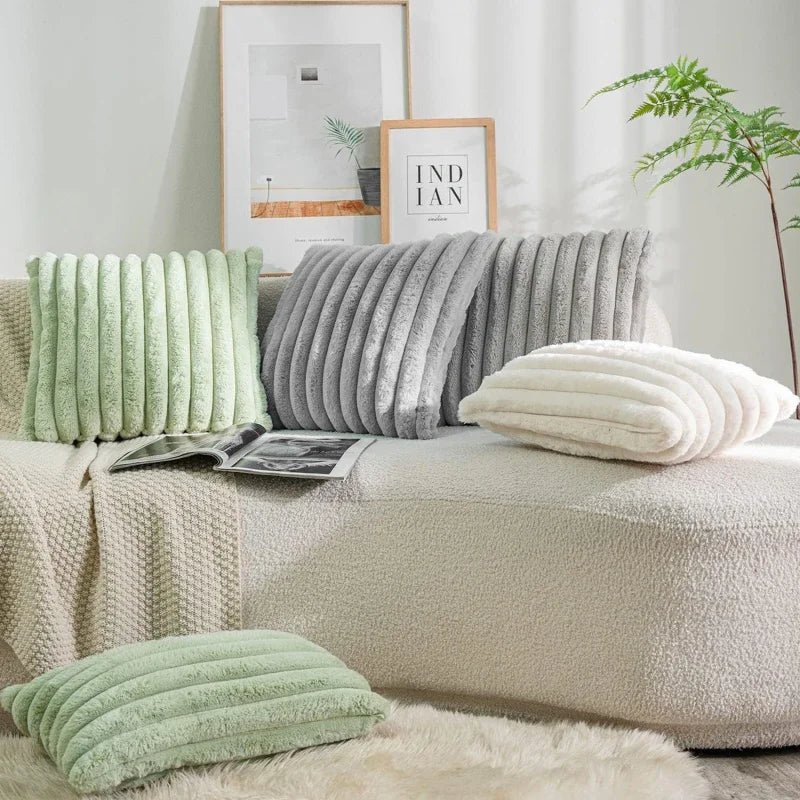 Embroidered Square Big Thick Striped Super Soft Cotton Solid Color Faux Rabbit Fur Sofa COVERS/Colors-Pink/White/Green/Apricot