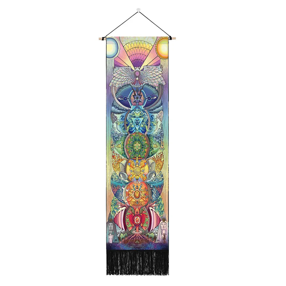 Unisex Rectangle Knitted Cotton-Polyester Blend Printed Soft Fabric 4 Colorful Geometric Chakras Themes Intricated Design Fringed Spiritual Meditation Wall Hanging Tapestries