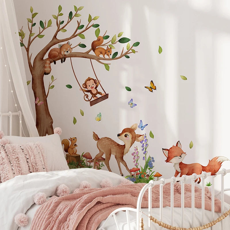 2-PCS Set Waterproof Removable Cartoon Monkey Standing Up Swing In A Roped Swing 2-Foxes Baby Deer 2 Squirrels In A Brown Tree Wall Stickers