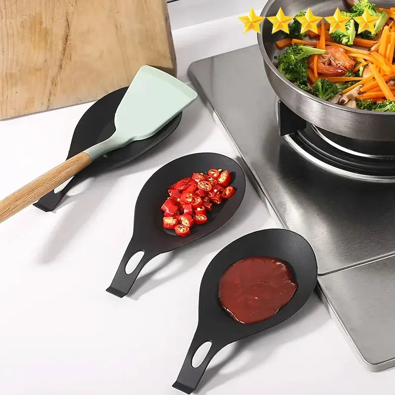 Kitchen 3 PCS Set Black Heat-Resistant Stainproof Durable Large Silicone Spoon Rest/With Hook Hole