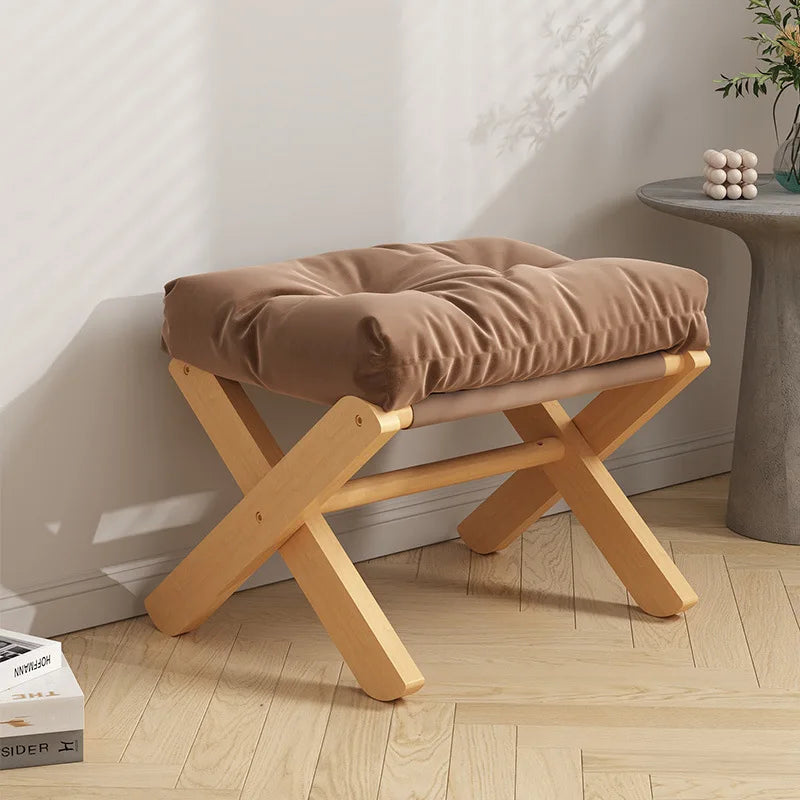 Small Solid Wood Foldable Low Foot Stools w/ Upholstery Cotton Cushion/Colors-Orange/White/Brown/Gray