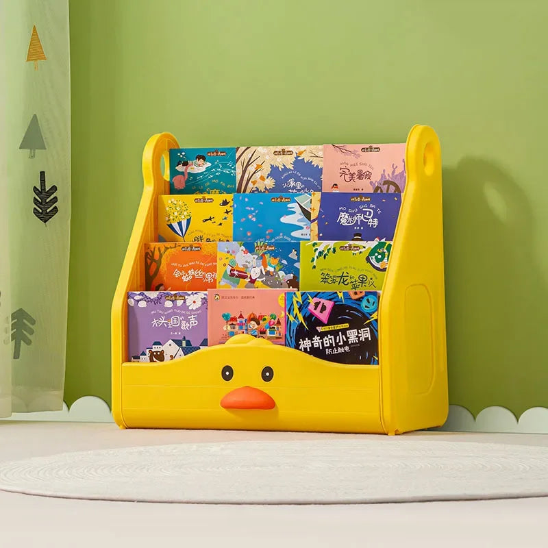 Toddler-Size Yellow Solid Plastic Duck Animal Face Design Free-Standing 4-Deep Storage Shelves-4 Storage Bins Bookshelf