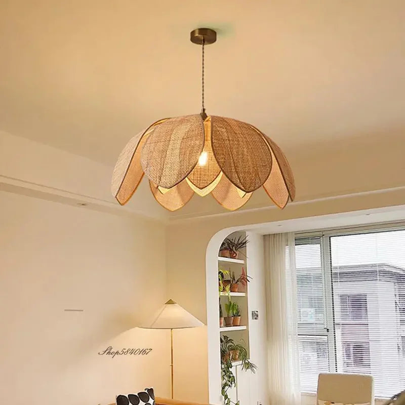 Beige Handmade Gloss Hanging Chinese Natural Rattan Lotus Petal Cord Pendant Ceiling Lights Fixtures/Bulb Not Included-E27 Bulb Cap Type