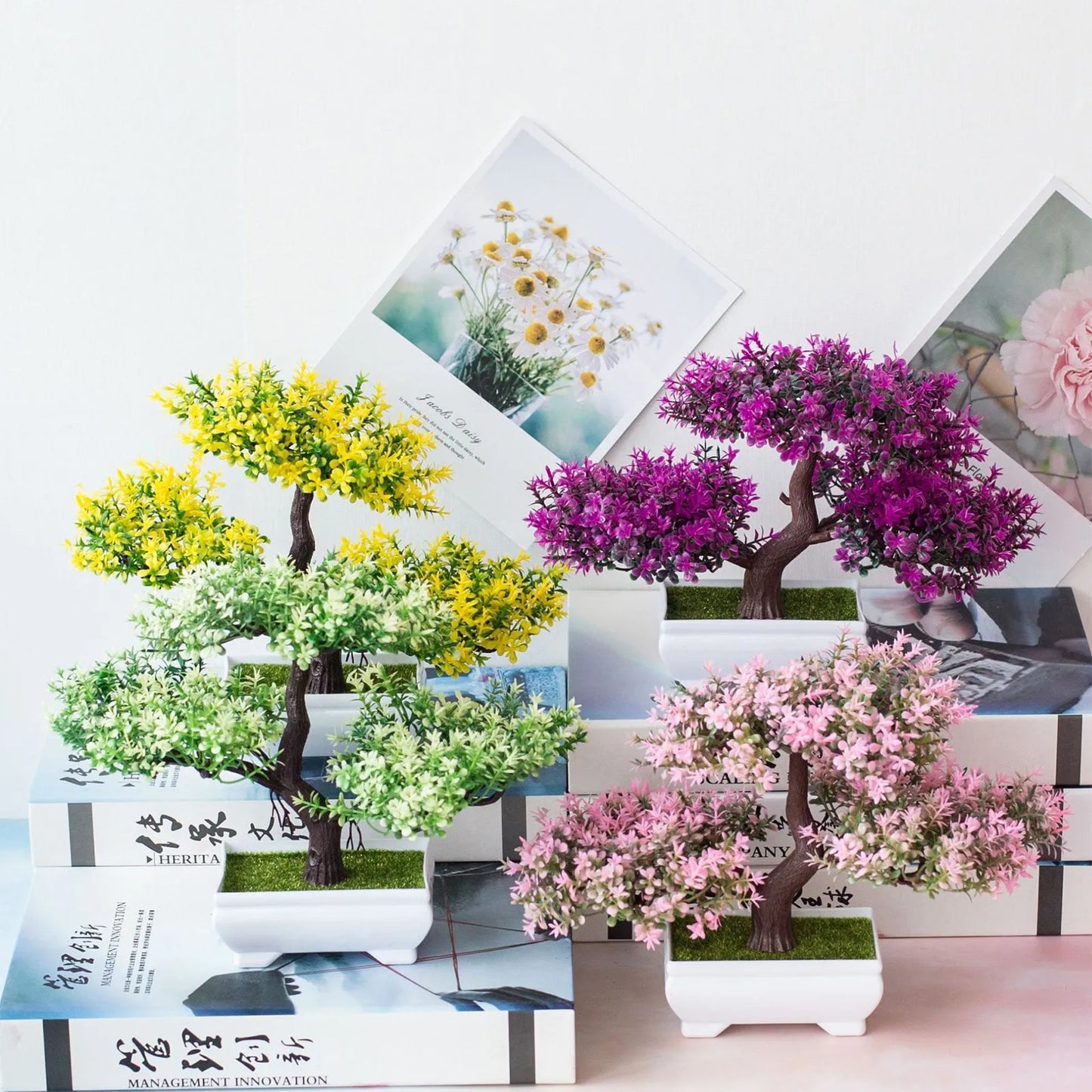 Indoor Artificial Plastic Wicker Non-Flowering Bonsai Rosales Plants-Rectangle Pot/Colors-Green/Pink/Purple/Yellow