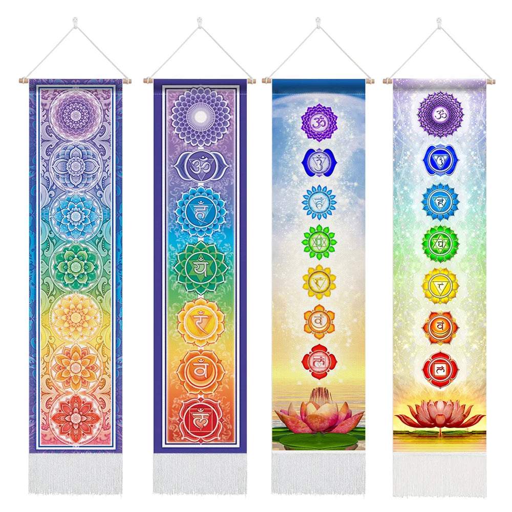 Unisex Rectangle Knitted Cotton-Polyester Blend Printed Soft Fabric 4 Colorful Geometric Chakras Themes Intricated Design Fringed Spiritual Meditation Wall Hanging Tapestries