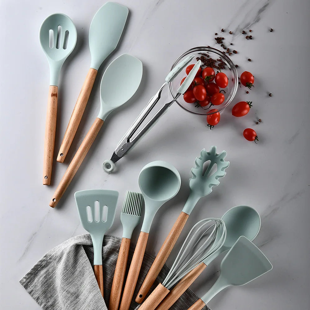 12 PCS Non-Slip Heat Resistant Silicone-Wood Handle Kitchen Utensils Cooking Sets/Colors-Blue/Green/White/Black/Storage Box Included