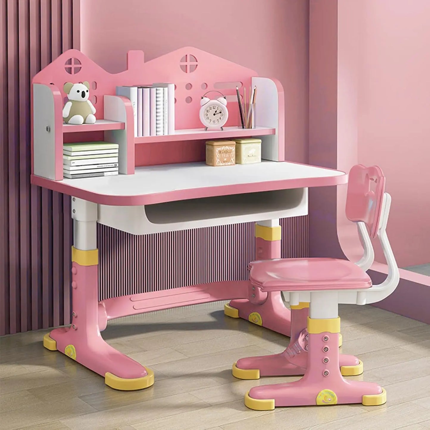 XMSJ Modern Kids Pink-White Cute Cartoon Theme Plastic Rectangle Shaped Curved Edges Laptop Desk-Adjustable Metal Chair Office Furniture Sets/Storage Shelves-Drawers Optional
