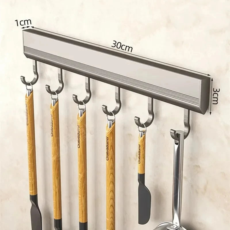 Kitchen Wall Mounted Sliver Gray Aluminum 4-10 Adjustable Inserted Rubber Rings Hooks Utensil Utility Racks/ Use Super Glue-Only Suitable For Smooth Non-Porous Surfaces